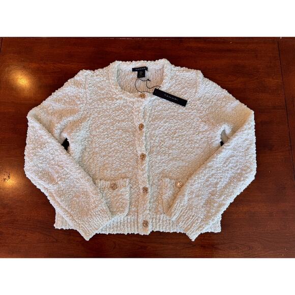 NWT Preppy Grandmacore Tahari White Boucle Knit Cardigan Gold Buttons Size M - Picture 1 of 6